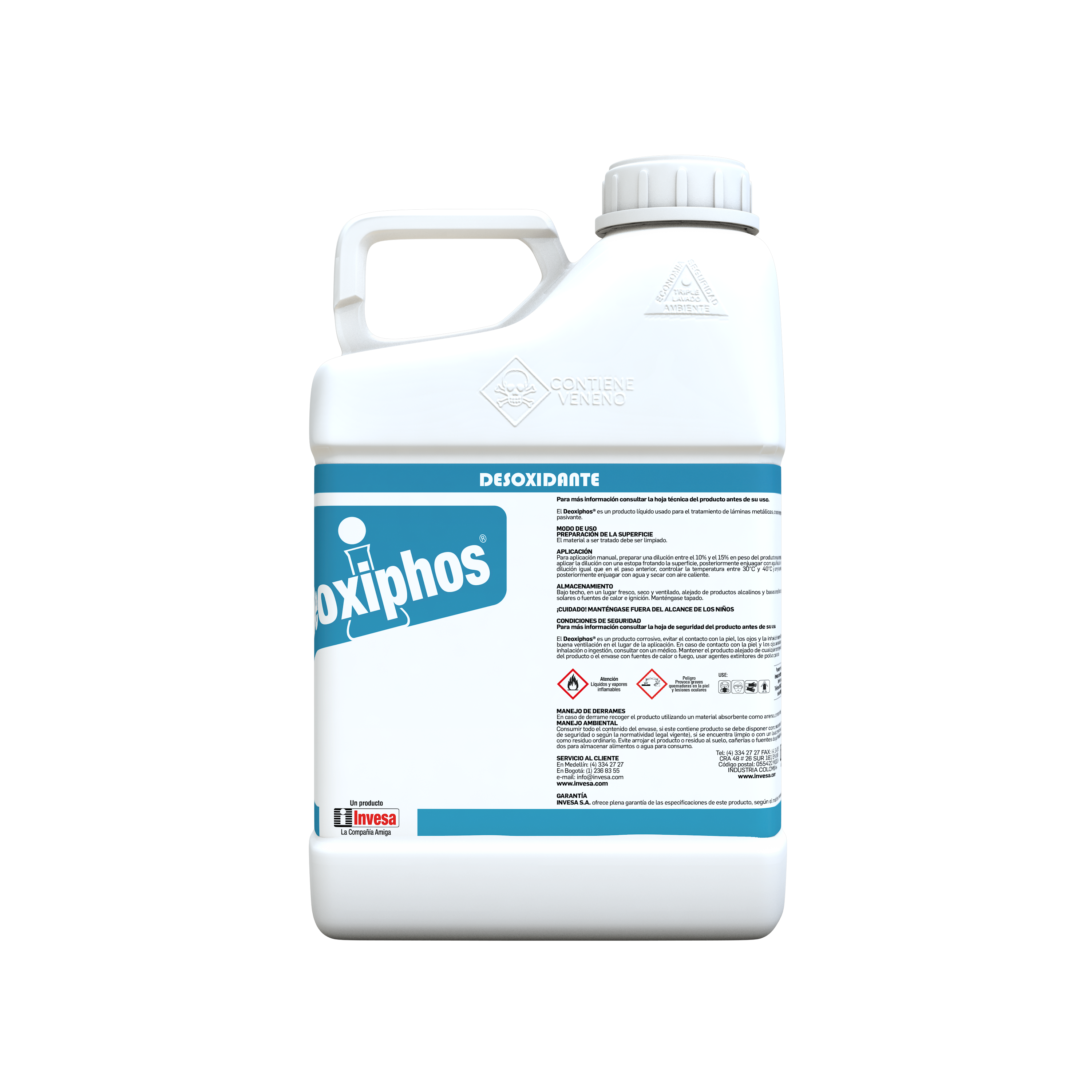 Garrafa plástica de Deoxiphos 670, desoxidante y pasivador para láminas metálicas de hierro y acero