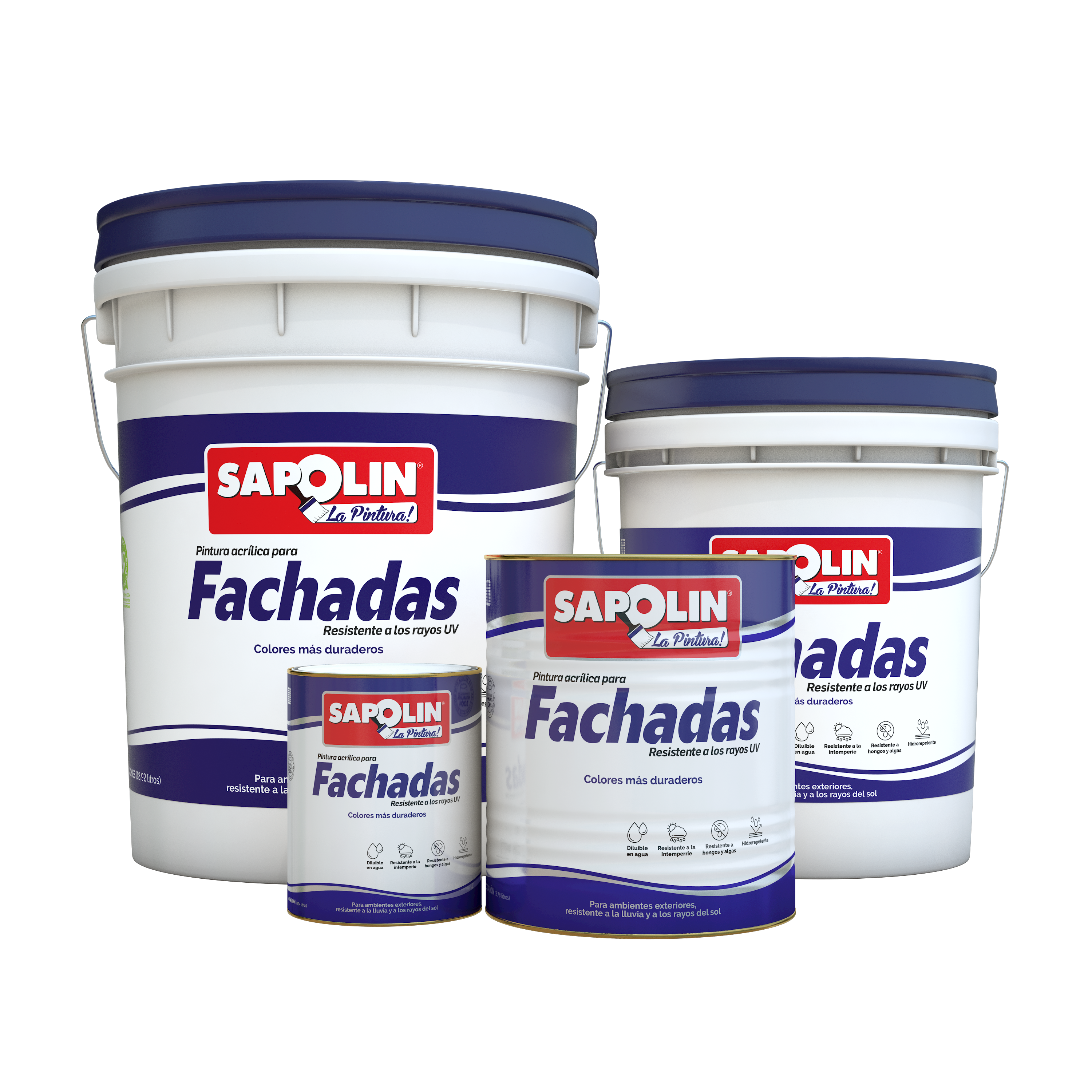 Pintura Sapolin para Fachadas: vinilo acrílico base agua, acabado mate, para concreto, revoque, estuco, fibrocemento y ladrillo; resistente a intemperie, UV, hongos y algas.
